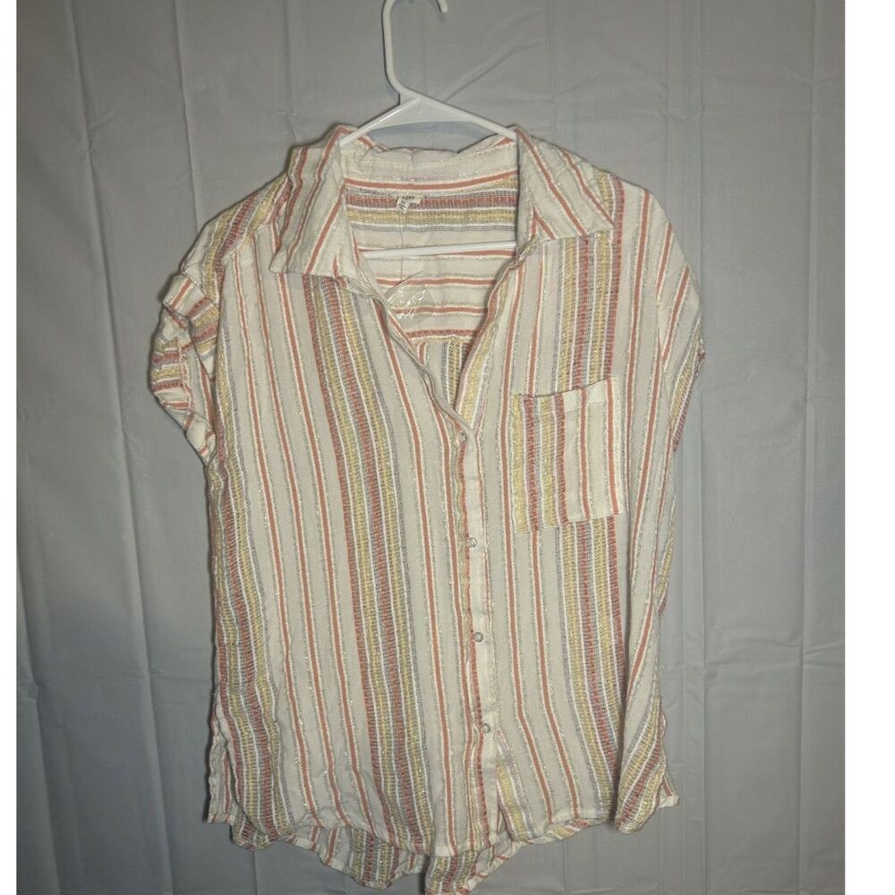 En Creme Metallic Striped Gauze Button Up Shirt Medium M Boho Coastal Pastel